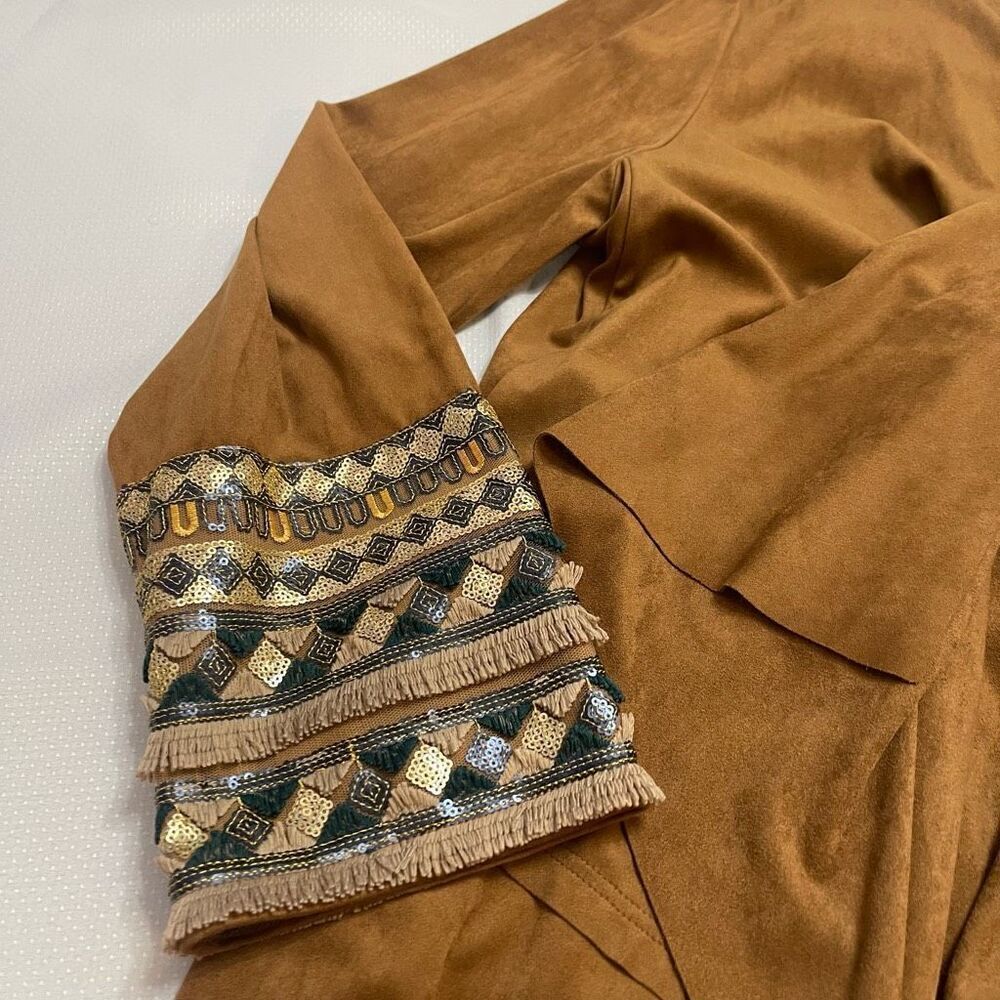 Soft Surroundings Faux Suede Embroidered Cuff Open Draped Cardigan Jacket Sz L - Picture 2 of 12